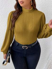 SHEIN Frenchy 大码女式纯色高领灯笼袖罗纹T恤 - 黃色 - 查看 6