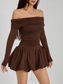 SHEIN PETITE Đầm ngắn tay dài lệch vai màu trơn có bèo nhún ở gấu dành cho nữ, thích hợp cho mùa hè, xuân và hè. - màu nâu - Xem 10
