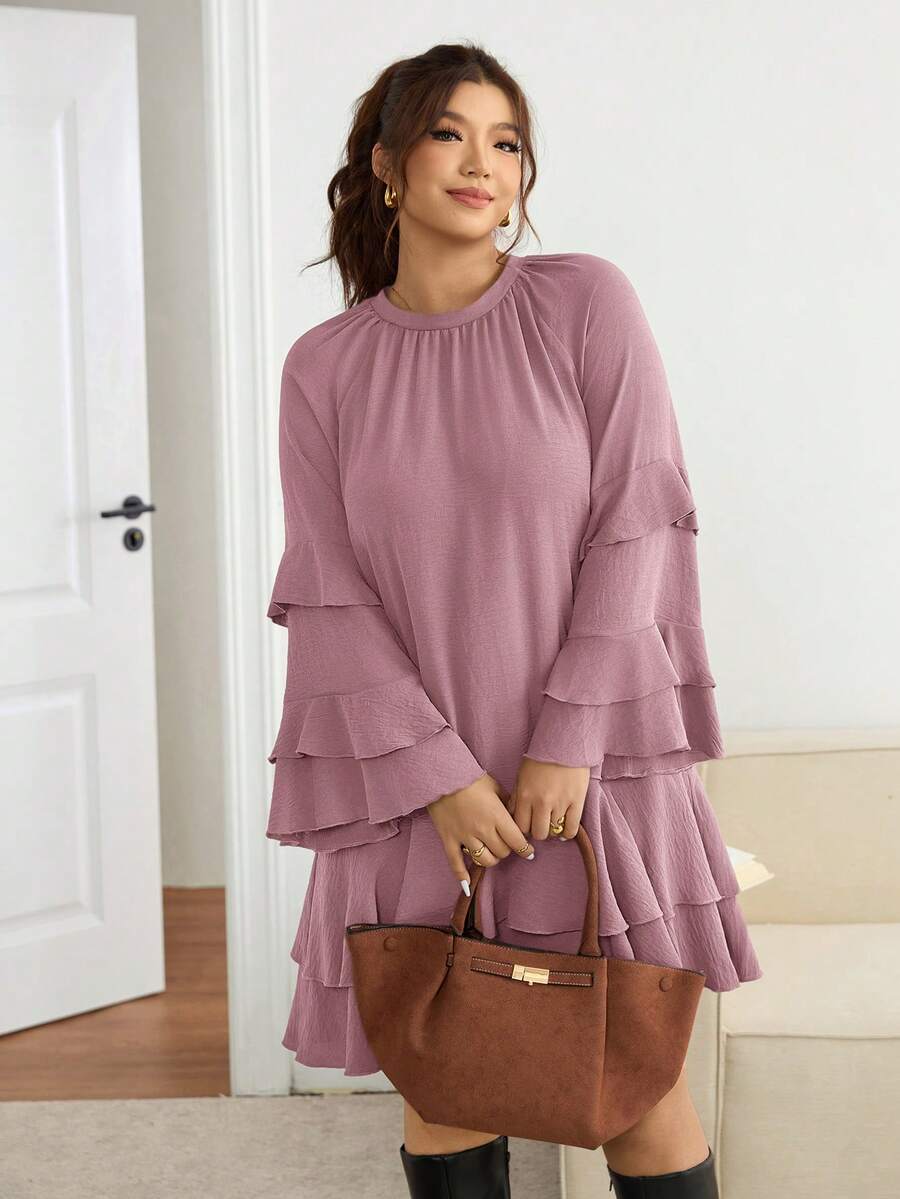 Lounesse Plus Size Women Solid Color Ruffle Hem Casual/Work Dress - Pink - View 1