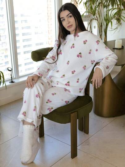 Andrea Bello 花卉印花羊毛上衣和裤子女士睡衣套装假日季节，舒适优雅的细节，秋冬服装