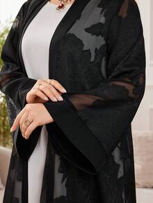 Al Najma Women's Chiffon Jacquard Elegant Loose Fit Plus Size Abaya Robe, Long Sleeve - Black - View 4