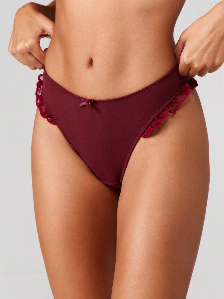 MISSGUIDED Burgundy Lace Trim Hipster Brief Panties With Ruffled Edges For Women Everyday Comfort Underwear