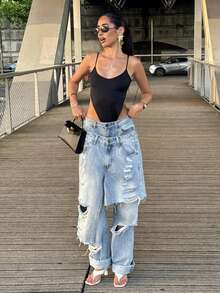 Yassique Quần Jeans Denim Baggy Fit Distressed Rách Viền Chồng Lên Nhau - Rửa nhẹ - Xem 4