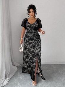 SHEIN Elenzya Women's Romantic, Ruffle Sleeve, Waist Pleated Slit Dress, Elegant For Party And Banquet Long Dress Lace Dress Long Lace Dress Curve Elegant Dress - Black - View 6