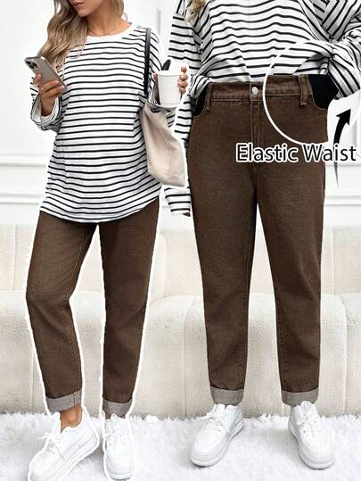 SHEIN Maternity Casual Everyday Commute Simple Versatile Solid Color Skinny Jeans Casual Elastic Waist Brown Straight Leg Pants With Cuffed Hem Winter Spring Christmas New Year Thanksgiving Commuting Vacation Graduation Chic Y2k Cute Streetwear Party Wedding Elegant Business Casual Woman Elastic Waist Ankle Pants Brown Casual Trousers Cuffed Hem Jeans Minimalist Pants