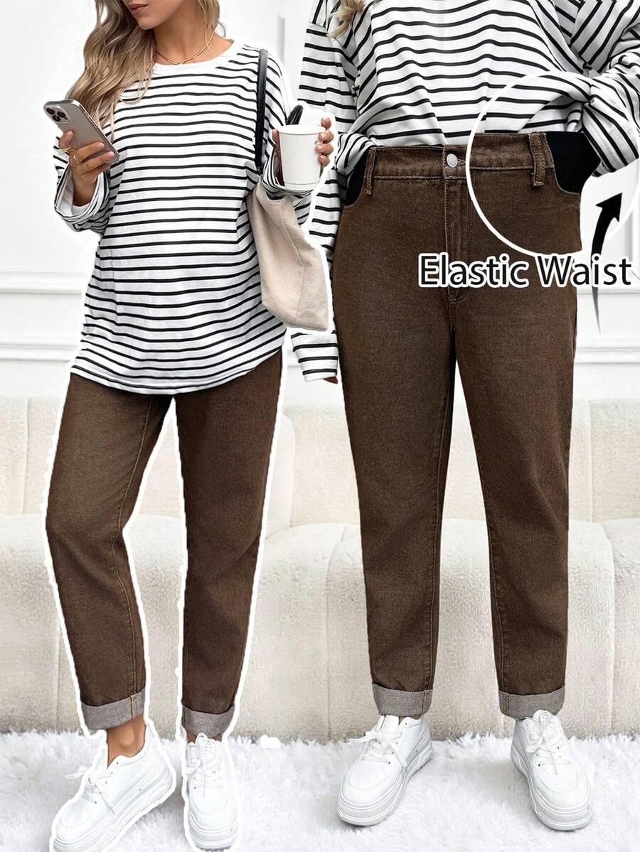 SHEIN 孕妇休闲日常通勤简约百搭纯色修身牛仔裤休闲弹力腰棕色直筒裤,裤脚卷边,适合冬季、春季、圣诞节、新年、感恩节、通勤、度假、毕业典礼等场合,时尚Y2K可爱街头风派对婚礼优雅商务休闲女式弹力腰九分裤棕色休闲裤卷边牛仔裤极简主义裤装 - 棕色 - 查看 1