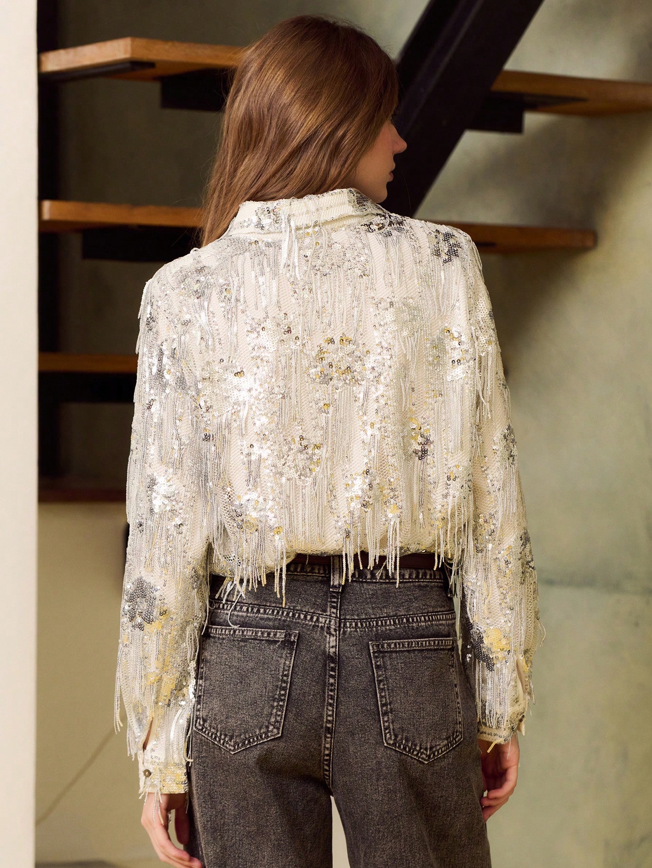 Silver Sequin Fringe Button-Up Shirt With Floral Embellishment Party Look Sequin Shirt Sequin Top Sparky Party Top French Style Parisian Style