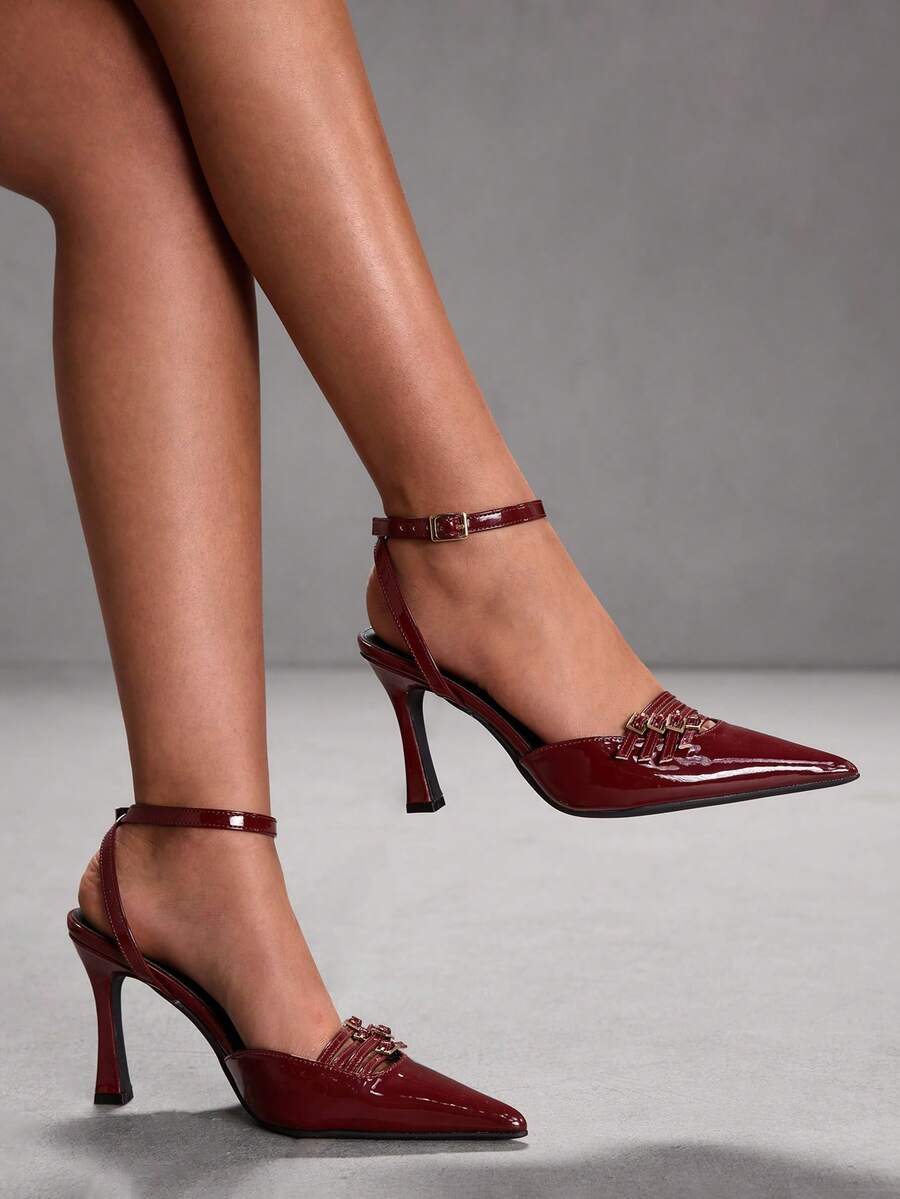 CUCCOO SZL Women's Fashion Versatile Commuter Buckle Pointed Toe Pumps For Christmas - Burgundy - View 1