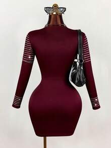 Xyvia Vestido ajustado de mujer con decoración de rhinestones para ropa de Año Nuevo - Burdeos - Ver 3