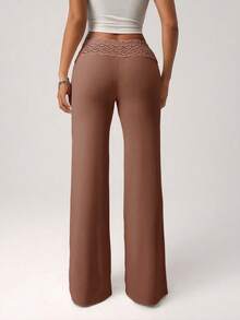 SHEIN ICON Women's White Knit Patchwork Waistband Beaded Drawstring Straight Leg Loose Casual Vacation Pants - Brown - View 6