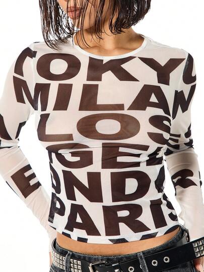 SUMWON WOMEN Long Sleeve Mesh Letter Print Top With Crew Neckline And Bold Typography Design For Casual Everyday Wear And Streetwear Fashion
