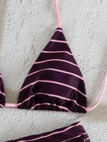 Swim Mod 2pcs/Set Women's Striped & Random Print Halter Backless Top Paired With Side Tie Shorts, Elegant Sexy Fashion Beach Vacation Bikini Swimsuit Set, Spring/Summer - Multicolor - View 4