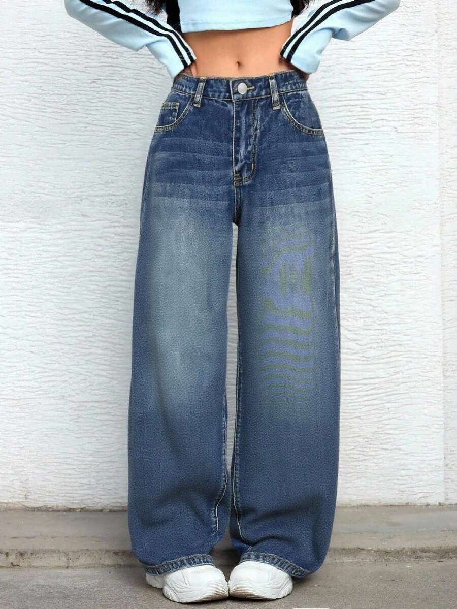 SHEIN Teenager Mädchen Y2K Lässige Vintage-Waschung Mittelhohe Taillenjeans mit weitem Bein, Boyfriend Jeans, Halloween Outfits, Herbstkleidung, Weihnachtshosen, Herbstoutfits, Mädchen Herbst-Winter Homecoming Jeans, Mädchen Hosen Streetwear Vintage Outfits, Bequem und vielseitig, für 13-16 Jahre alte Mädchen, geeignet für Schule, Zuhause und Reisen