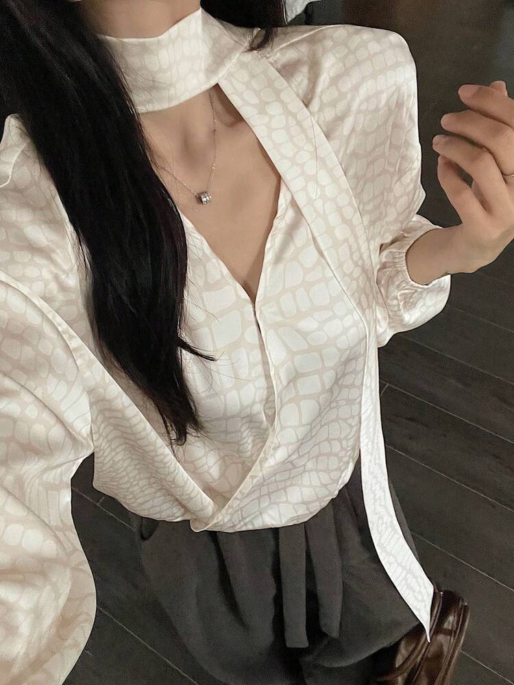 Floral Print Loose Long Sleeve Tie Collar Elegant Formal Blouse For Women, Spring/Autumn