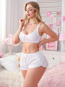 PetitDoll 2pcs Women Solid Color Faux Strap Wireless Comfortable Bra Set - White - View 3