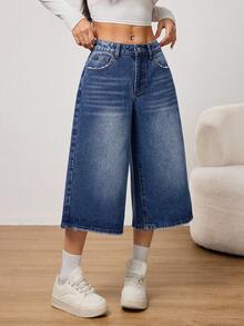 SHEIN PETITE Women's Casual Washed Wide Leg 7/8 Length Jeans Washed Denim Spring And Summer Loose-Fitting 7/8 Length Denim Jeans - Dark Wash - View 2