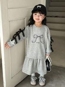 SHEIN 女童休闲蝴蝶印花长袖卫衣连衣裙 - 灰色 - 查看 3