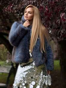 女士时尚新款翻领长款人造皮草大衣，冬季 - 霧霾藍 - 查看 1