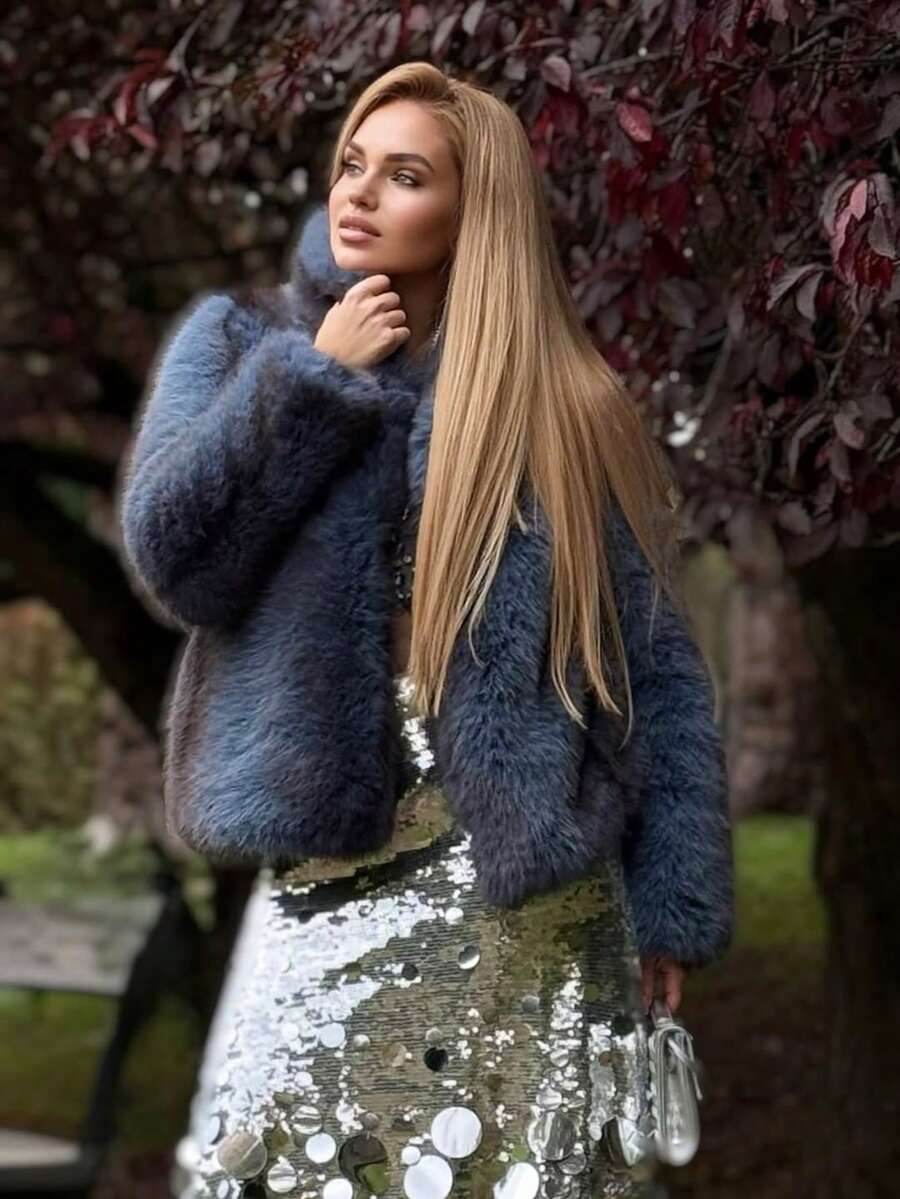 女士时尚新款翻领长款人造皮草大衣，冬季 - 霧霾藍 - 查看 1