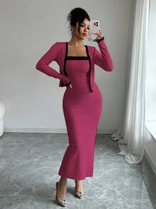 SHEIN Elenzya 两件套女士优雅撞色长袖开衫吊带裙套装，适合派对、家庭聚会、圣诞节、万圣节、情人节、新年、通勤和日常休闲穿着，秋冬季 - 玫紅色 - 查看 8