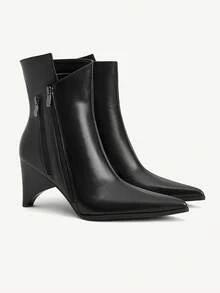 CUCCOO CHICEST 女士休闲优雅侧拉链尖头中筒靴，秋季款 - 黑色 - 查看 1