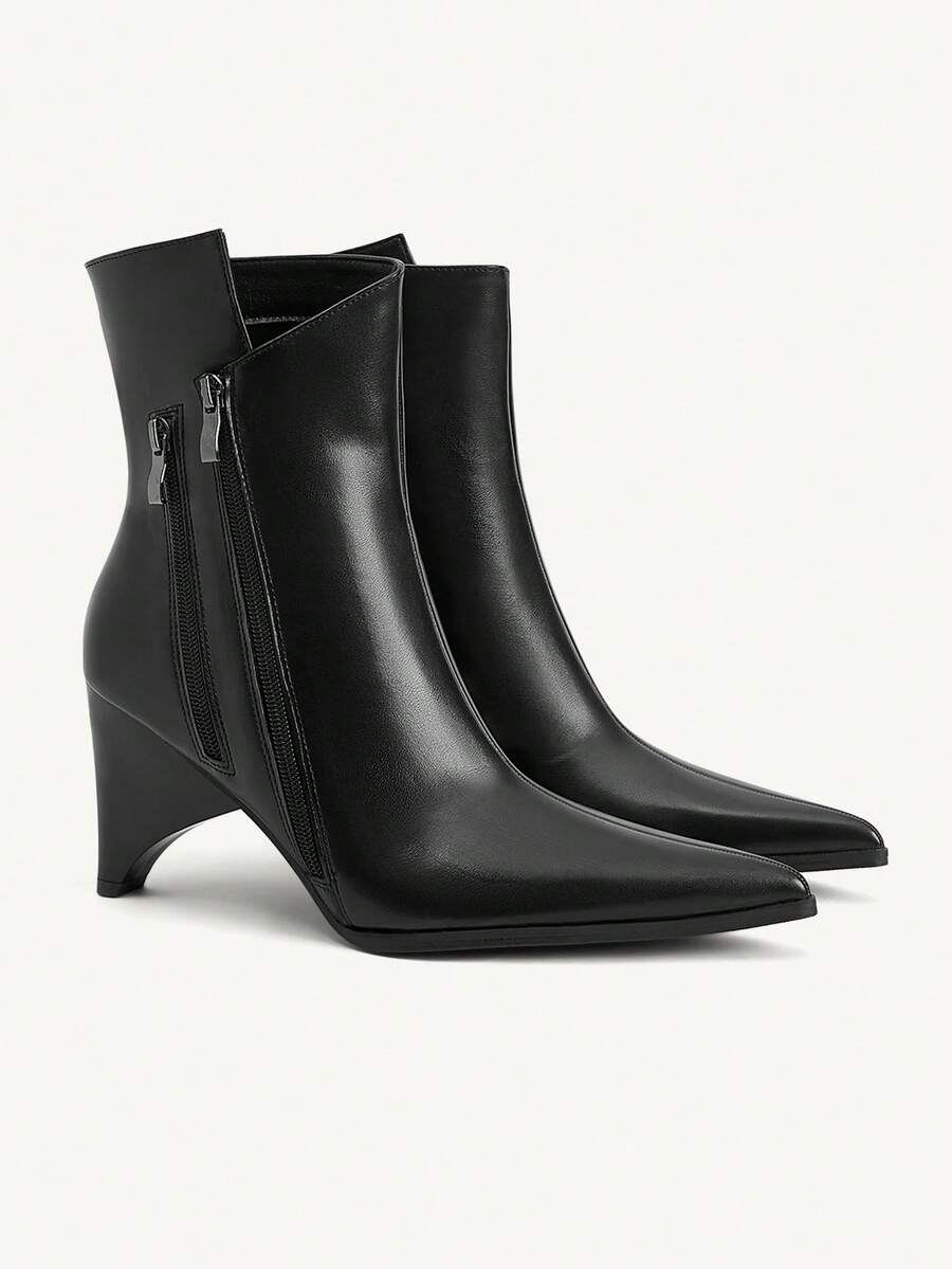 CUCCOO CHICEST 女士休闲优雅侧拉链尖头中筒靴，秋季款 - 黑色 - 查看 1