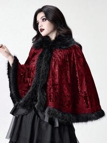 ROMWE Áo choàng Gothic cổ lông giả chắp vá họa tiết cung điện cổ điển dành cho nữ, viền ren nhung kim cương - Màu Đỏ Sâu - Xem 11