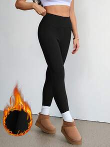 SHEIN Tall Ribbade termofodrade leggings för kvinnor, lämpliga för höst/vinter. Högmidjade leggings. Vinterleggings med vikbar midja. Svarta leggings. Damleggings med komönster. Högmidjade leggings. Termoleggings. - Svart - Visa 4
