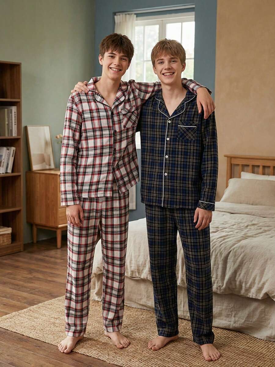 青少年男孩格子翻领长袖长裤休闲家居服套装 - 彩色 - 查看 1