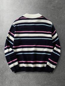 ROMWE MEN Suéter de cuello polo de manga larga con rayas de contraste para hombre - Multicolor - Ver 2