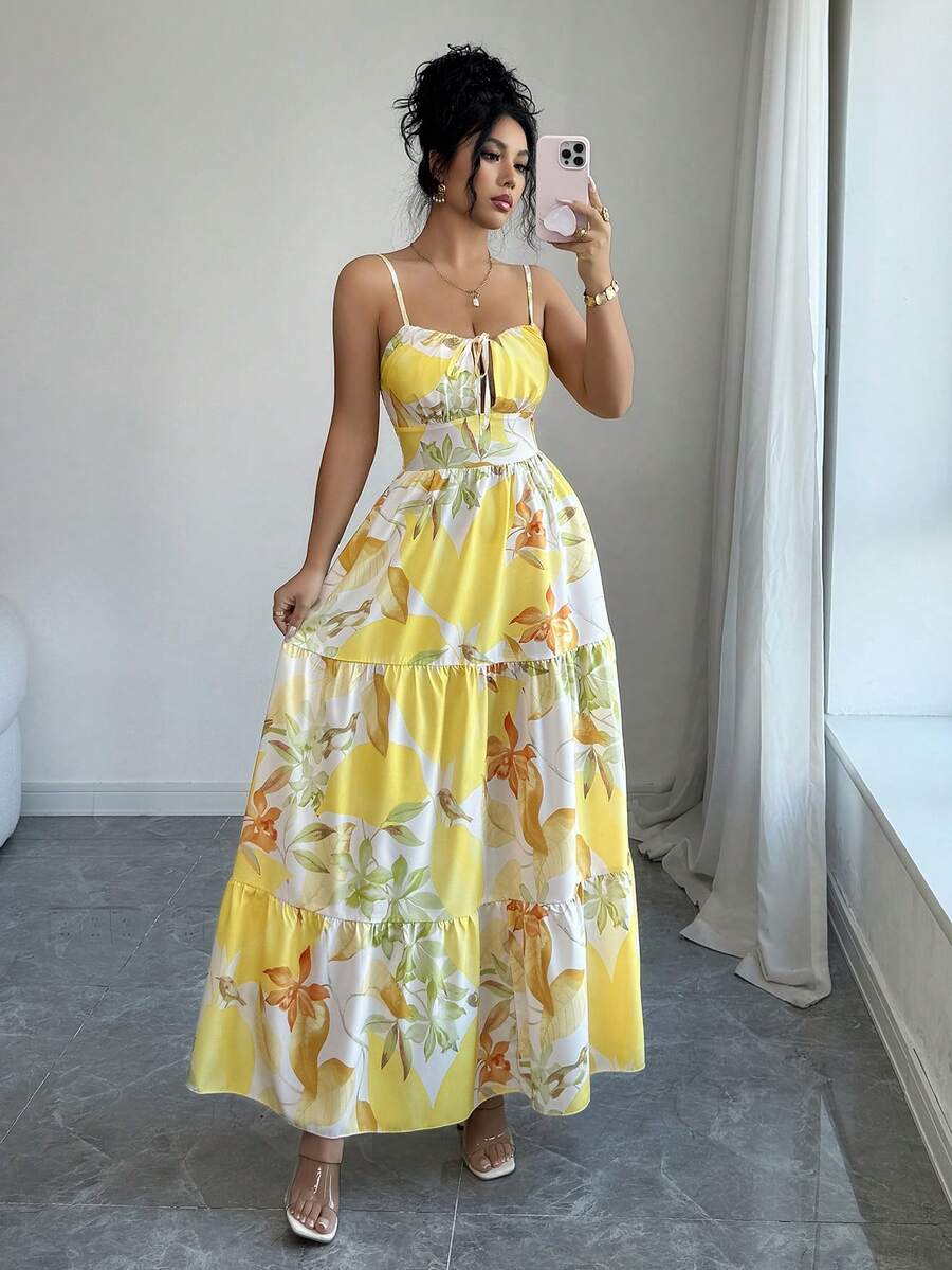 Elenzga Women's New Fashion Spaghetti Strap Waist Flared Dress, Leaf Print, Summer Vacation - Yellow - View 1