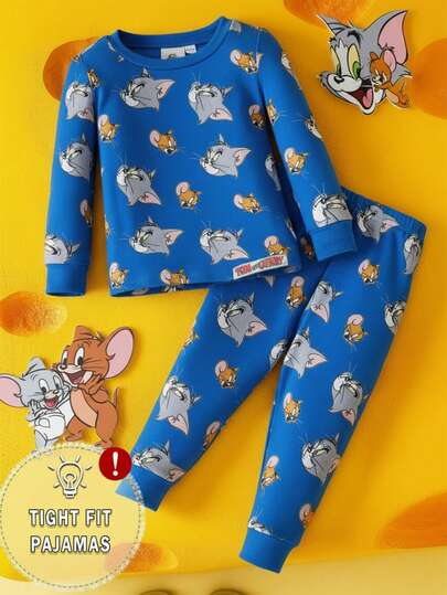TOM & JERRY X SHEIN Baby Boy Cartoon Pattern Snug Fit Long Sleeve Top And Pants Pajama Set