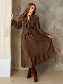Roveilla 大码女式V领荷叶边系带A字长袖连衣裙，浪漫度假风，优雅法式复古，适合办公室通勤、商务休闲、街头时尚、简约经典、中东风情、奢华派对、圣诞节、感恩节、下午茶、新年、春秋冬季等各种场合。 - 棕色 - 查看 7