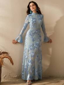 Anewsta Đầm dài tay dự tiệc lãng mạn, thanh lịch, thêu hoa họa tiết dành cho nữ - Màu xanh lam - Xem 3