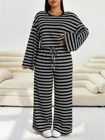 SHEIN EZwear Plus Size Women Striped Round Neck Drop Shoulder Long Sleeve T-Shirt And Pants Casual 2 Pieces Set Two Piece Set Women Comfy Modest Two Piece Set Two Piece Lounge Set Striped Two Piece Set Comfortable Two Piece Set Autumn/Winter,Christmas,New Year,Thanksgiving,Party,Wedding,Beach,Graduati,Chic,Elegant,Casual,Going Out,Date,Appointment,Commute