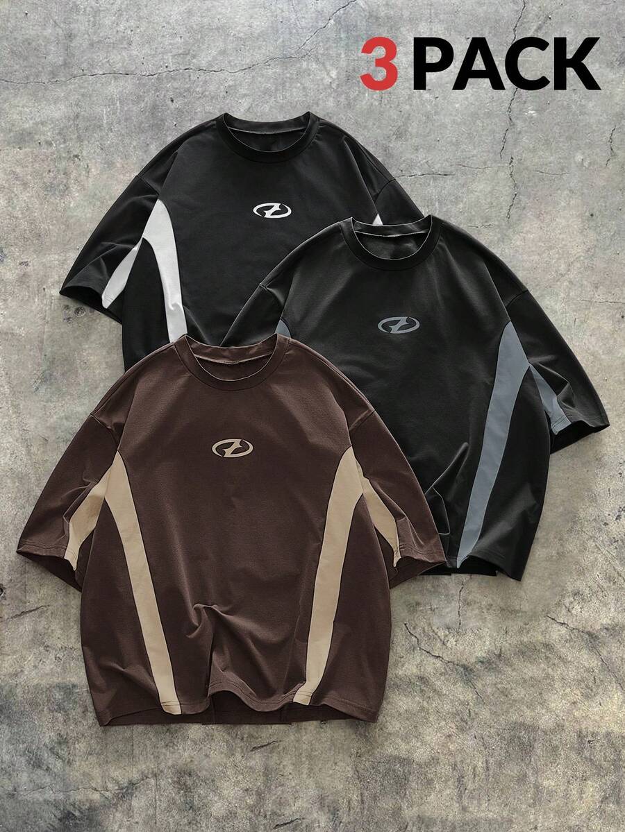 AXEPEAK 3件套男士针织休闲宽松短袖T恤，日常穿着 - 彩色 - 查看 1