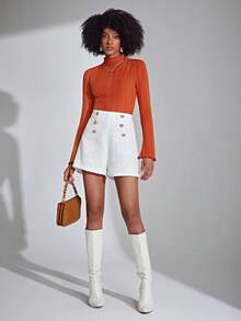 BizChic 女士高腰金属纽扣双排扣粗花呢短裤，春夏休闲短裤，适合各种场合，如休闲、浪漫、90年代复古风、派对、海滩、毕业典礼、度假、婚礼宾客、早午餐、机场等。 - 白色 - 查看 4