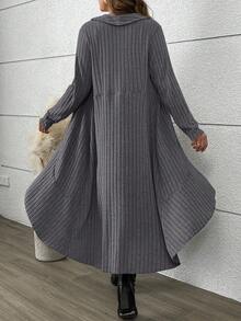 EMERY ROSE Bộ 2 món váy kẻ caro + áo khoác cardigan gân bất đối xứng cho nữ cỡ lớn, áo khoác ngoài thường ngày cho mùa thu/đông - Xám - Xem 2