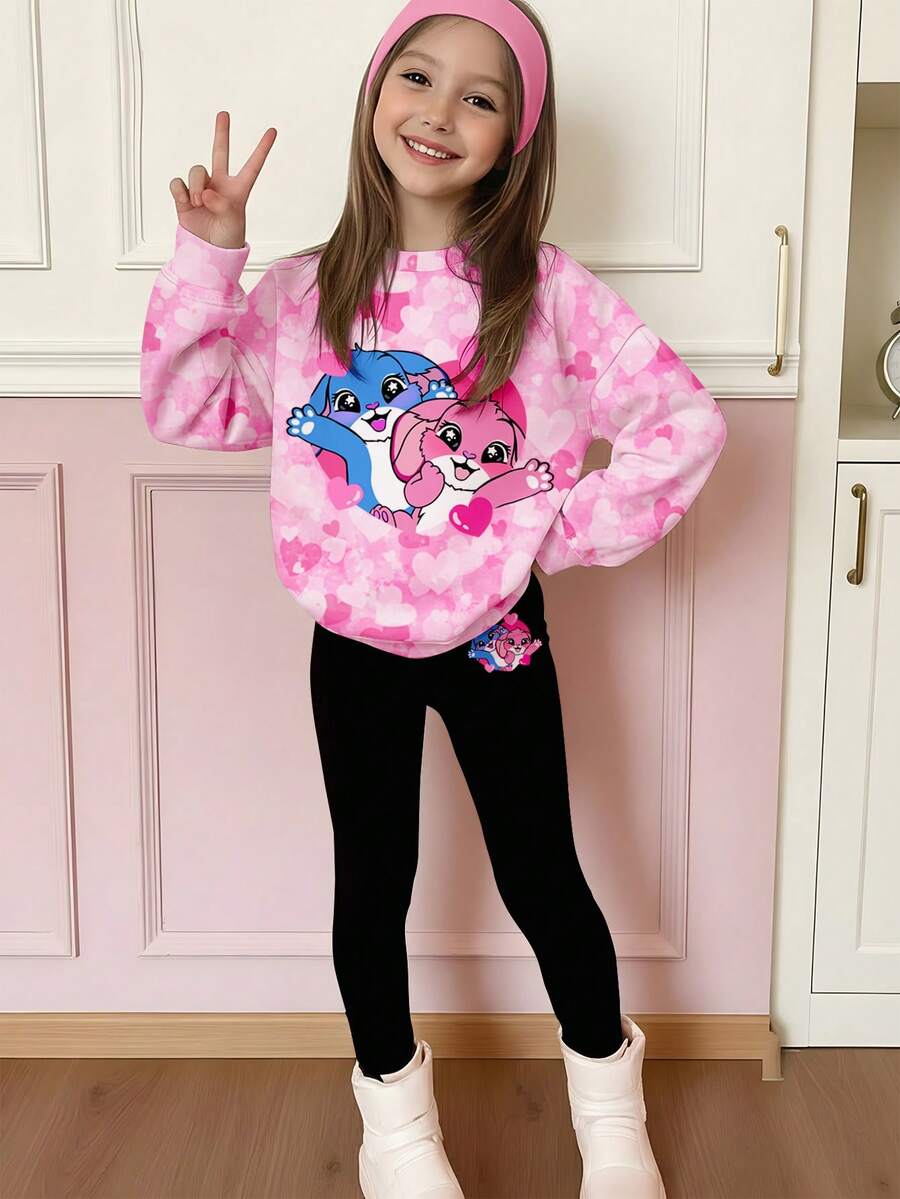 2pcs Tween Girls Casual Soft Crew Neck Long Sleeve Sweatshirt & Leggings Set, Featuring Cute Rabbit, Heart, Stitch Graphic Print, Suitable For Autumn/Winter Daily Wear, Holidays, Valentine's Day, Vacation, Outings, Street Style - Multicolor - View 1