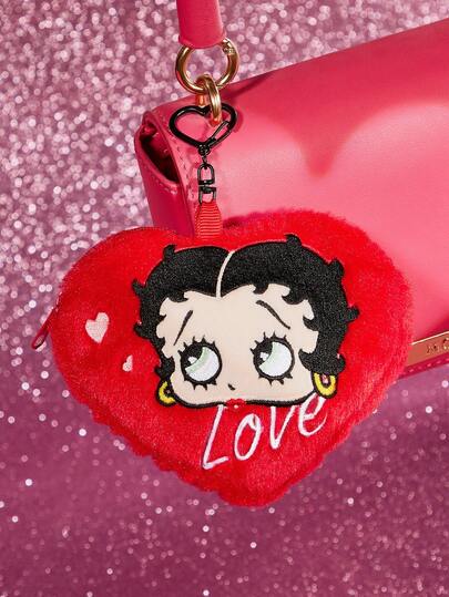 Betty Boop x SHEIN 1 Pc Red Plush Heart-Shaped Keychain Coin Purse Features An Adorable Embroidered Doll Head And Can Hold Cards, Coins, Lipsticks, Etc. Love, Kiss,Heart,Gift Ideas,Party,Holiday,Valentine's Day