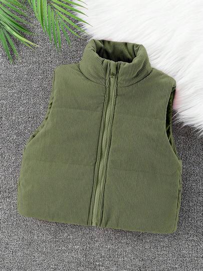 Chaleco corto acolchado con cuello alto y cremallera de pana vintage para niña, abrigo exterior de invierno clásico y versátil