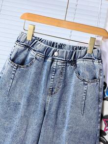 Quần jeans ống rộng dáng suông thoải mái, dễ phối đồ, phong cách Kawaii cho nữ tuổi teen, thích hợp cho mùa hè và sinh nhật. - Rửa nhẹ - Xem 4