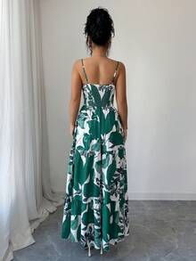 Elenzga Women's New Fashion Spaghetti Strap Waist Flared Dress, Leaf Print, Summer Vacation - Green - View 2