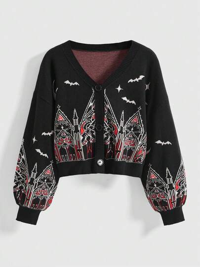 Gothic Castle & Church Star Moon Jacquard Knit Cardigan, Plus Size Short Sweater Top