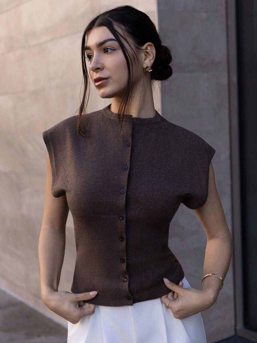 Andrea Bello Women's Solid Color Single-Breasted Cropped Casual Knit Vest, Autumn,Fall,Brown Sweater - Brown - View 1