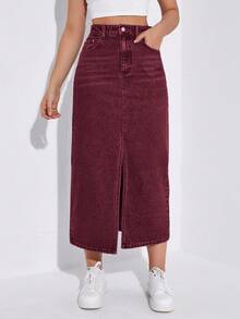 Jeanoix Women's High Waist Pocketed Slit Hem Casual Long Denim Skirt Burgundy Skirt Maroon Skirt Skirt With Slit Skirt Midi Tall Skirt - Burgundy - View 3