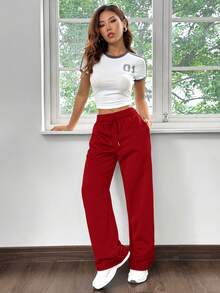 SHEIN EZwear 红色直筒宽松针织休闲运动裤 - 紅色 - 查看 3