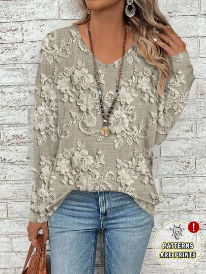 EMERY ROSE Floral Print Plus Size V-Neck Long Sleeve T-Shirt For Women, Suitable For Music Festivals And Back To School,  Pullover For Women Spring,Summer/Vacation