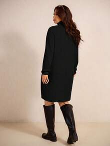 Elaquor 大码女式纯色高领长袖休闲宽松连衣裙 - 黑色 - 查看 2