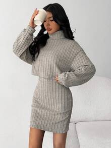 SHEIN Bộ 2 chiếc/Bộ đầm thun dài tay dệt kim họa tiết kaki cho bé gái tuổi teen, trang phục thoải mái, đa năng để mặc ở nhà và ngoài trời - Màu Khaki - Xem 9